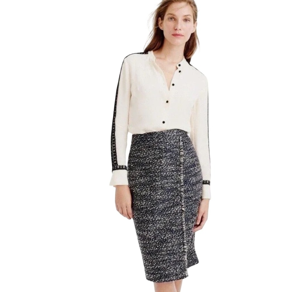 J.Crew Navy Blue White Tweed Boucle Pencil Skirt Metallic F4963 Womens 0
